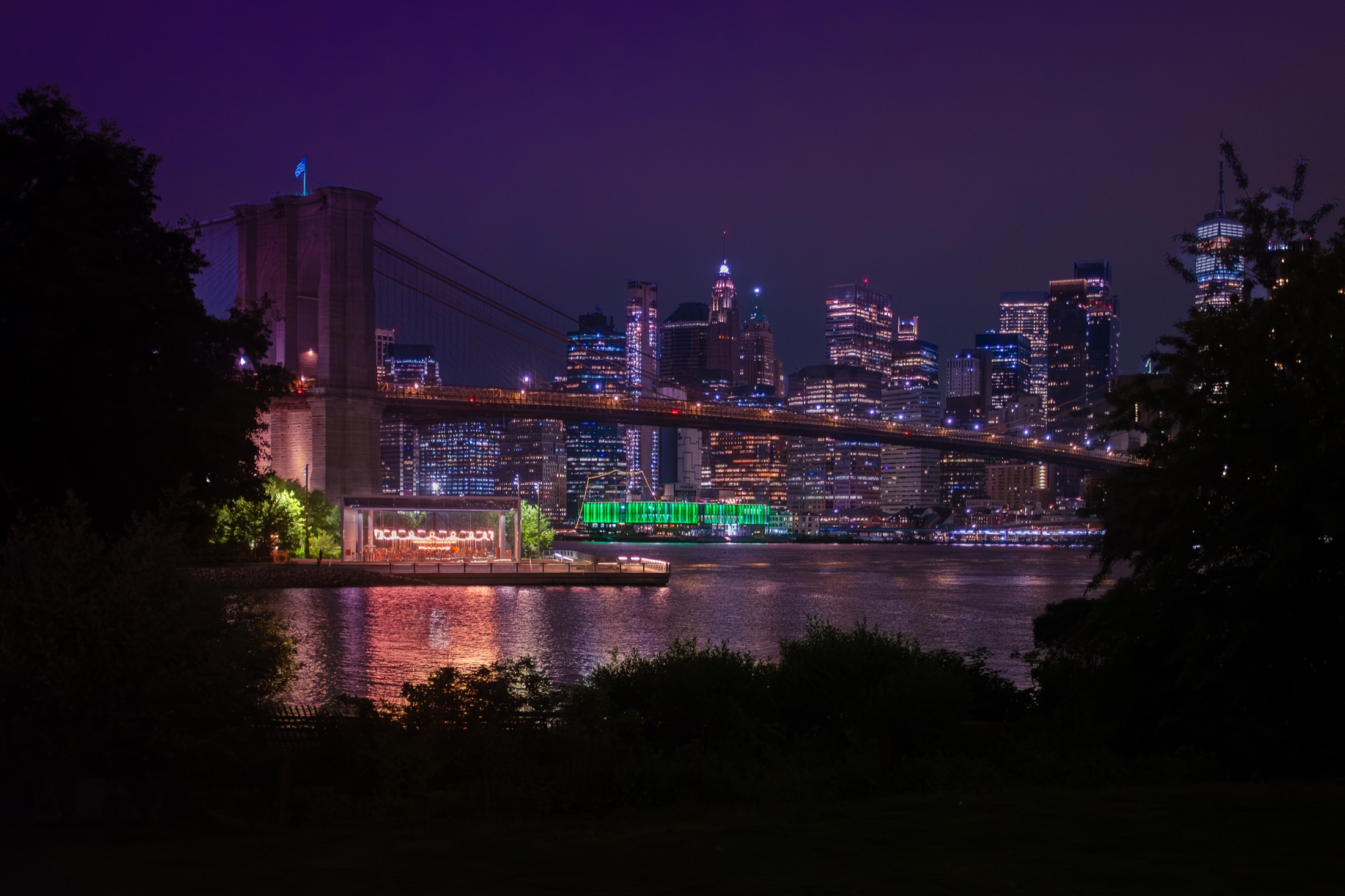 Brooklyn Bridge and Lower Manhattan illuminated at night
